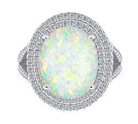 La Bague De Style Vintage En Argent Sterling Avec Pierre Précieuse Iridescent White Created Opal Large Oval Split Shank Pave Cz Accent Double Halo Statement Ring Women .925 October Pierre De