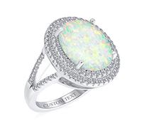 La Bague De Style Vintage En Argent Sterling Avec Une Pierre Précieuse Iridescent Blanc Créé Opale Large Ovale Avec Une Tige Fendue Accent Cz Pavé Double Halo Déclaration Sur Mesure Pour Femmes