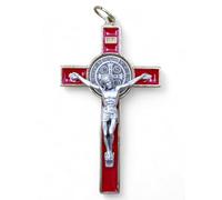 La Balestra - Crucifix pour Collier, Croix de Saint Benoît Fabriqué en Italie - Pendentif Artisanal Crucifix Plaqué Or 18K, Corps du Christ en Métal - Médaille Saint Benoît (Rouge)