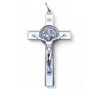 La Balestra - Crucifix pour Collier, Croix de Saint Benoît Fabriqué en Italie - Pendentif Artisanal Crucifix Plaqué Or 18K, Corps du Christ en Métal - Médaille Saint Benoît (Blanc)