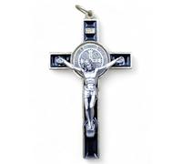 La Balestra Crucifix pour collier, croix de Saint Benoît Made in Italy - Pendentif artisanal crucifix plaqué or 18 K, corps du Christ en métal - Médaille Saint Benoît (Noir)