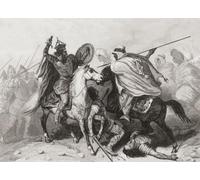 La bataille de Guadalete 711 après JC. Le califat omeyyade musulman a vaincu les Wisigoths chrétiens. De Las Glorias Nacionales publié à Madrid et Barcelone 1852. L'image montre le roi Roderic