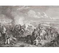 La bataille de Waterloo 18 juin 1815. Le duc de Wellington à cheval avec chapeau en main au centre a reçu des nouvelles que le maréchal von Blucher et ses troupes prussiennes sont en route vers la