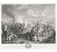 La bataille de Waterloo 18 juin 1815. Le duc de Wellington à cheval avec chapeau en main au centre a reçu des nouvelles que le maréchal von Blucher et ses troupes prussiennes sont en route vers la
