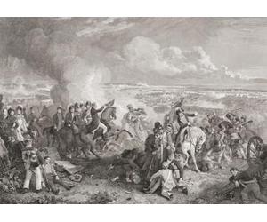 La bataille de Waterloo 18 juin 1815. Le duc de Wellington à cheval avec chapeau en main au centre a reçu des nouvelles que le maréchal von Blucher et ses troupes prussiennes sont en route vers la