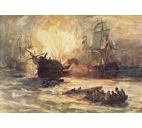 La bataille du Nil alias la bataille de la baie d'Aboukir 1798. Au début de la lutte, le plus grand navire français L'Orient a pris feu et les flammes se propageant à son magazine de poudre le navire
