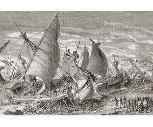 La bataille navale dans le port de Syracuse pendant l'expédition sicilienne partie de la guerre du Péloponnèse 415-413 avant JC. De l'histoire universelle de Cassell publiée en 1888. Poster imprimé