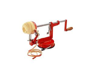 La Bonne Graine - Pèle-pomme ventouse rouge 3 en 1 inox/acier | Éplucheur, trancheur et étrogneur 3-en-1, fixation ventouse, inox et acier, 30,5x12x18,5cm - 600g, entretien facile