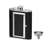 La bouteille pour les hommes, Flasque en acier inoxydable 304 avec entonnoir et étui à cigarettes, 170 ml, étui en cuir PU noir