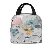 La Carte Du Monde Avec Des Animaux De Dessin Animé Sac Déjeuner Réutilisable Sacs Glaciere Isolé Panier Repas Pour Adulte Pique-Nique Voyages 22X20X13Cm
