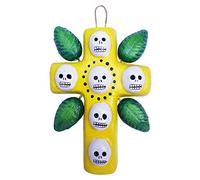 La Casa di Frida Croix avec crânes et Feuilles, Artisanat Mexicain, à Suspendre, 11 x 7 cm