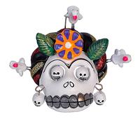 La Casa di Frida - Tête de Mort Frida avec Palomas, Artisanat Mexique en Terre cuite, 11,5 x 13 cm