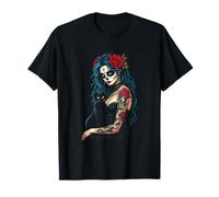 La Catrina Dia de Los Muertos Chat Noir et Roses T-Shirt