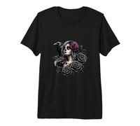 La Catrina Mystérieuse Beauté du Corbeau Dia de Los Muertos T-Shirt Haut de Gamme