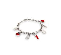 LA CORNE ITALIENNE Bracelet Fortuna Femme chaîne Corno Corona, Quadrifoglio, Mano Cornuto, Madonnina, Croce et Coccinelle en Acier (Argenté)