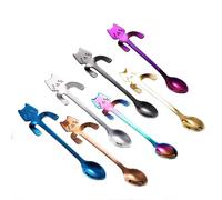 La cuillère à dessert dorée en acier inoxydable 2PC-304 est exquise et pratique - Cuillère chat avec long manche - Cool et noir.