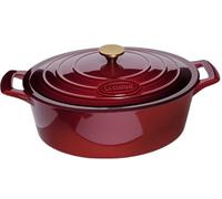 La Cuisine Cocotte ovale en fonte émaillée avec couvercle, 5 litres, 29 cm, intérieur en émail noir mat, poignée du couvercle en acier inoxydable plaqué or, compatible four, couleur canneberge
