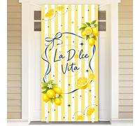 La Dolce Vita Bannière de porte en forme de citron, agrumes, décoration italienne à suspendre à une porte à rayures jaunes et bleues pour enterrement de vie de jeune fille, w nd, décoration murale