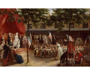 La duchesse d'Orléans et le comte de Paris visitent une salle d'asile parisienne (1841) Affiche imprimée par Jules Laure (61 x 91 cm)