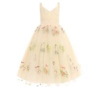 La Fille des Fleurs Princesse Robe Longue Plissée Mariage Demoiselle d'honneur Robe De Bal Broderie Fleur Dentelle élégante Col en V #318