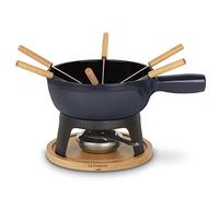 La Fonderie 1890, Service à Fondue Savoyarde en Fonte 6 Personnes MONT JOUX, Fondues fromage et chocolat, 6 Fourchettes avec manches en bois de hêtre, Socle en bois naturel, Capacité 1,8L