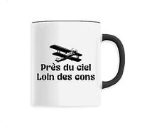 La French Touch Mug Avion Près du ciel, loin des cons - Imprimé en France - Tasse originale en céramique - Cadeau Anniversaire Aviation Humour original rigolo (Noir)