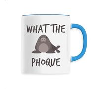 La French Touch Mug en Céramique What the phoque - Imprimé en France - Tasse originale en céramique - Cadeau Animaux Anniversaire Humour original rigolo (Bleu)
