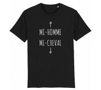 La French Touch T Shirt Mi-Homme, Mi-Cheval - pour Homme - Imprimé en France - Coton 100% Bio - Cadeau Anniversaire Humour Original Rigolo (Noir, M)