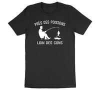 La French Touch T Shirt Près des Poissons, Loin des Cons - pour Homme - Imprimé en France - Coton 100% Bio - Cadeau Anniversaire Humour pêche Original Rigolo (Noir, L)