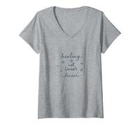 La guérison n'est Pas linéaire : Un Voyage Papillon inspirant T-Shirt avec Col en V, Femme, Gris Chiné, S