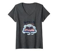 La Lecture est Mon Lieu de prédilection | Bookworm Magic T-Shirt avec Col en V, Femme, Chiné Foncé, XXL