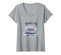 La Lecture est Mon Lieu de prédilection | Bookworm Magic T-Shirt avec Col en V, Femme, Gris Chiné, XL