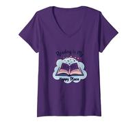 La Lecture est Mon Lieu de prédilection | Bookworm Magic T-Shirt avec Col en V, Femme, Violet, XL