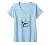 La mère du marié, Mon Fils, sa fiancée, ma Joie, Mariage Floral T-Shirt avec Col en V, Femme, Bleu Céleste, L