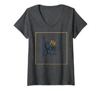 La mère du marié, Mon Fils, sa fiancée, ma Joie, Mariage Floral T-Shirt avec Col en V, Femme, Chiné Foncé, XXL
