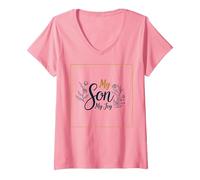 La mère du marié, Mon Fils, sa fiancée, ma Joie, Mariage Floral T-Shirt avec Col en V, Femme, Rose, L