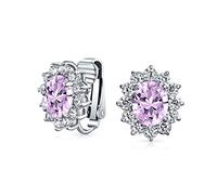 La Mode - Party Holiday Bridal Ovale Simulée Alexandrite Lavender Cubic Zirconia Halo Crown AAA CZ Stud Clip On Earrings For Women Wedding Non Pierced Ear Plated Argent Plated