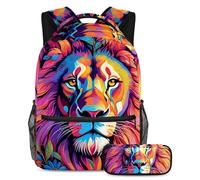 La mode rencontre la fonction, ensemble de 2 sacs d'école pour enfants avec sac à dos et trousse à crayons, sac de voyage de grande capacité pour garçons, filles et adolescents, motif lion à dessin