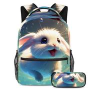 La mode rencontre la fonction, ensemble de 2 sacs d'école pour enfants avec sac à dos et trousse à crayons, sac de voyage de grande capacité pour garçons, filles et adolescents, joli lapin nage sous