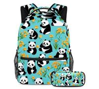 La mode rencontre la fonction, ensemble de 2 sacs d'école pour enfants avec sac à dos et trousse à crayons, sac de voyage de grande capacité pour garçons, filles et adolescents, panda mignon sur bleu,