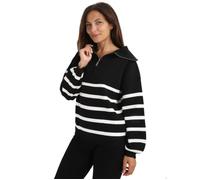 La Modeuse-Pulls-Pull droit en fine maille à motif rayures avec zip sur le col.Dotée de manches ballons resserrées aux poignets. M/L