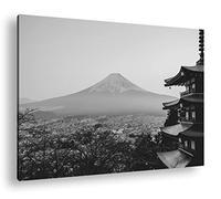 La montagne Fuji couverte de neige, effet japonais : noir et blanc, format : 100 x 70 cm, motif monté sur cadre en bois véritable, impression numérique de haute qualité, pas d'affiche ou d'affiche.