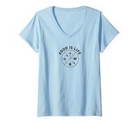 La Nourriture C'est la Vie : Le Bien-être culinaire Mode de Vie T-Shirt avec Col en V, Femme, Bleu Céleste, S