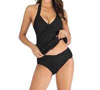 LA ORCHID Ensemble tankini push up pour femme, deux pièces, maillot de bain avec serre-ventre, maillot de bain à col en V, maillot de bain pour la plage, Neckholder, maillot de bain tankini, Noir , 42