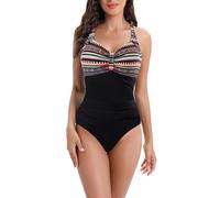 LA ORCHID Maillot de bain pour femme, ventre plat, pour les vacances, maillot de bain, col en V, maillot de bain, plage, taille haute, maillot de bain pour l'eau, Bandes de Bohême avec noir, M