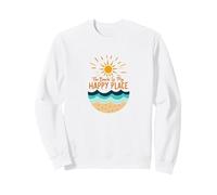La Plage est Mon Endroit Heureux, Soleil, Vagues, été Sweatshirt, Unisexe pour Adultes, Blanc, L