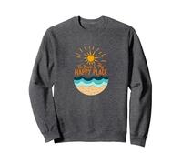 La Plage est Mon Endroit Heureux, Soleil, Vagues, été Sweatshirt, Unisexe pour Adultes, Chiné Foncé, XXL
