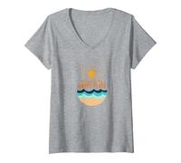 La Plage est Mon Endroit Heureux, Soleil, Vagues, été T-Shirt avec Col en V, Femme, Gris Chiné, S
