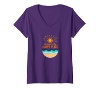 La Plage est Mon Endroit Heureux, Soleil, Vagues, été T-Shirt avec Col en V, Femme, Violet, S
