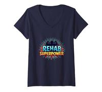 La réadaptation est Mon Super Pouvoir, ma Force de Motivation et de rétablissement T-Shirt avec Col en V, Femme, Bleu Marine, S
